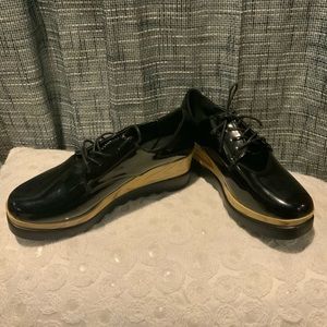 WANTED Beckham Women’s Black Patent Leather / wooden look Platform Wedge Heel